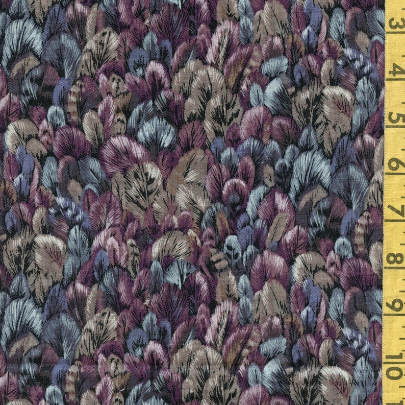 Bird feathers fabric blue gray packed feather print Robert Kaufman fabric purple