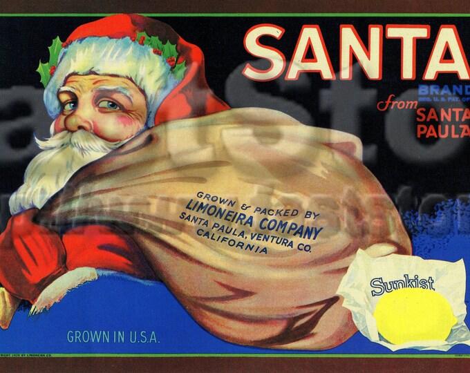 Vintage Santa fruit crate label, digital printable files, PNG