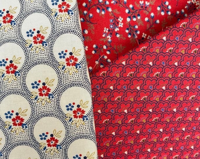 Red with blues fat quarter fabric bundle, small scale floral, scallops and petite dots
