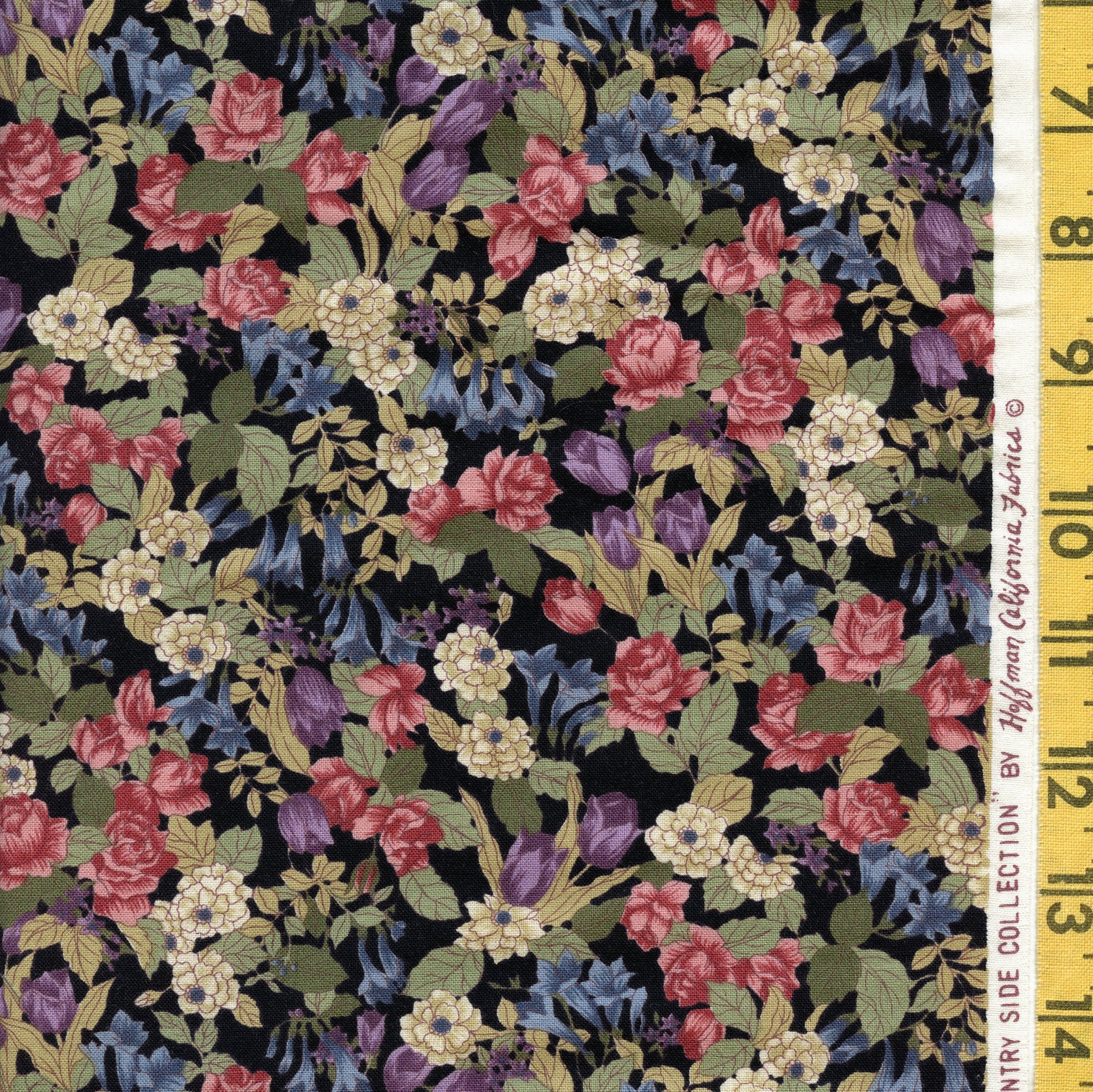 100 % cotton fabric vintage floral fabric on black English | Etsy