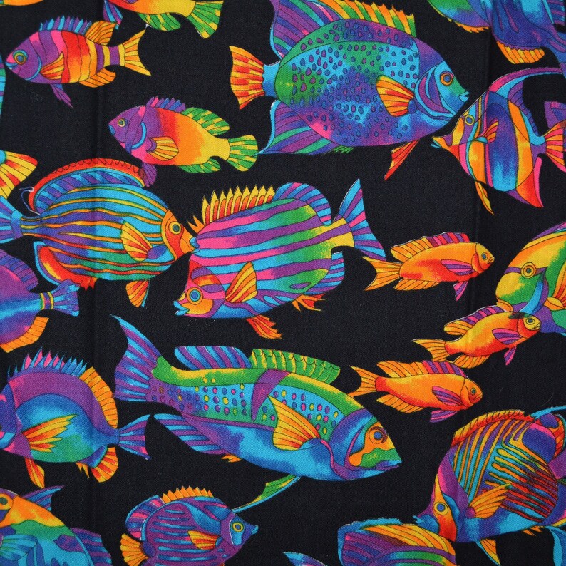 Tie dye fish fabric neon fish black tropical fish fabric out of print Texstyles