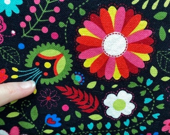 Mod floral fabric, bright Fiesta colors on black, Mexico vibe