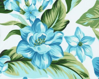 Large blue hibiscus floral vintage fabric, flowy poly