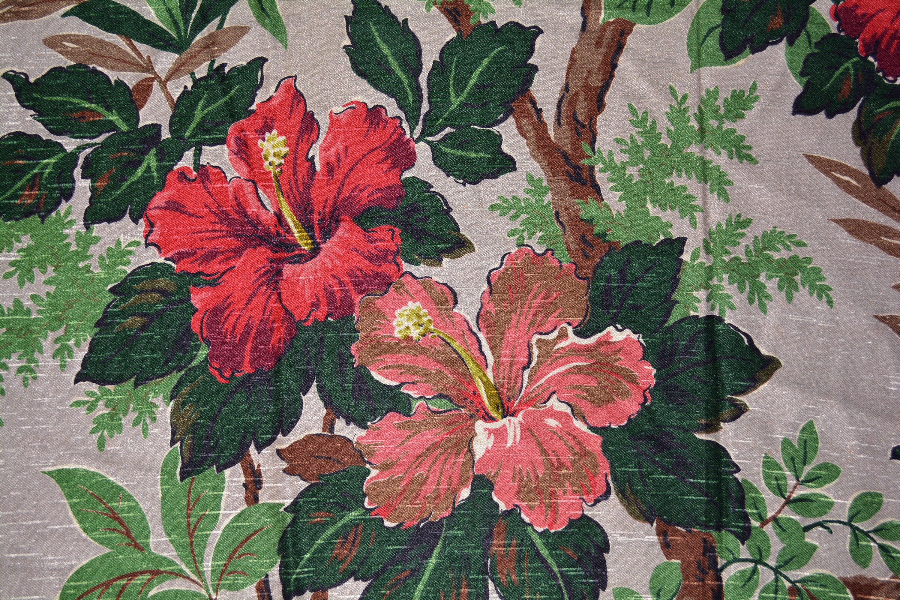 1940s Drapery Fabric Remnants Tung Shan Hawaiian Decor Floral