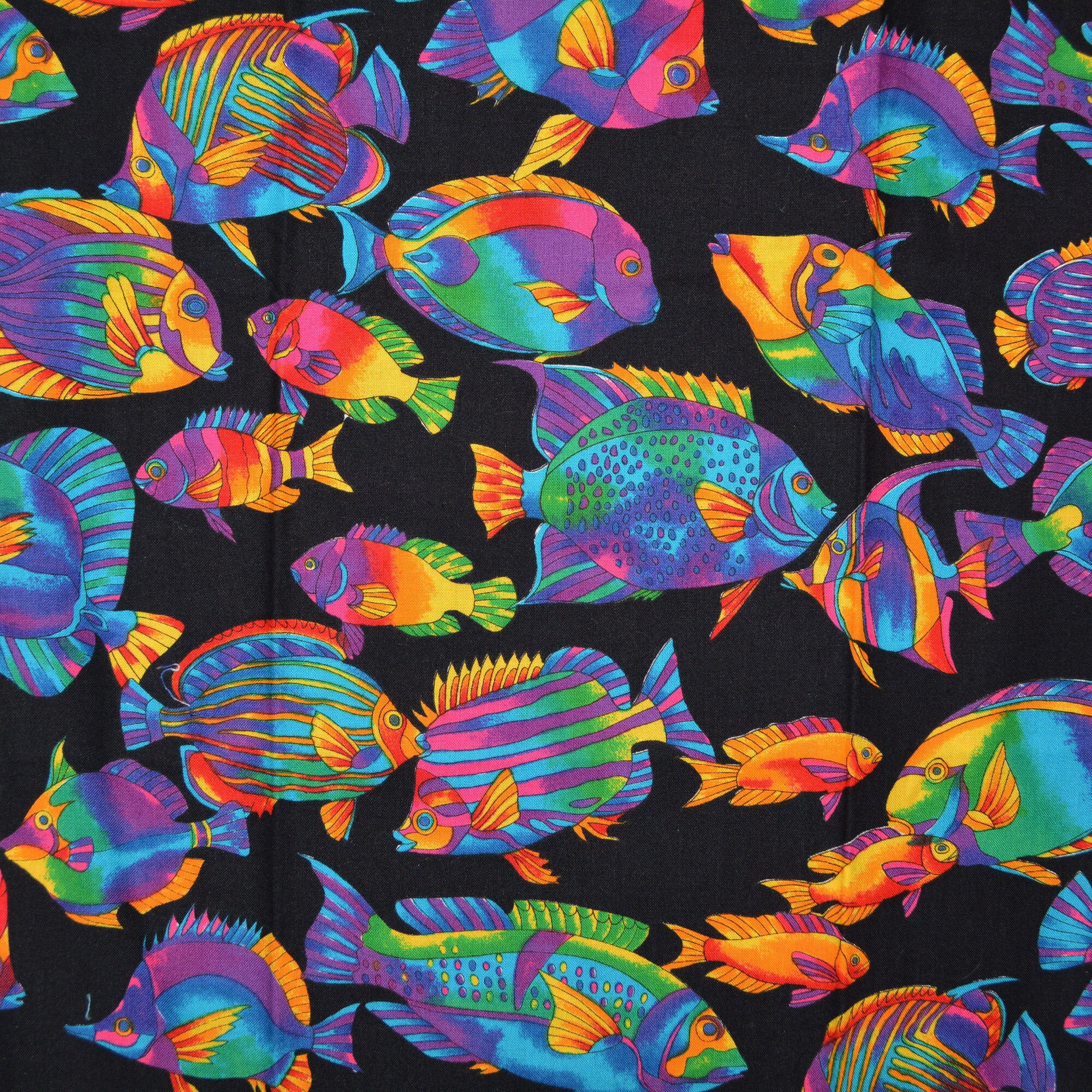 Tie dye fish fabric neon fish black tropical fish fabric out of print Texstyles