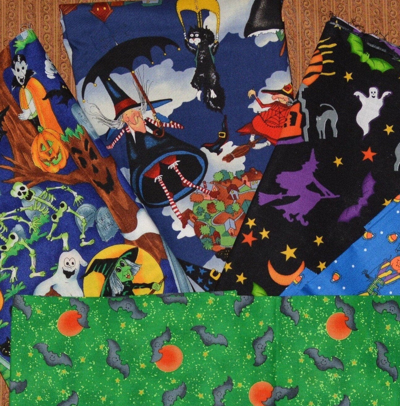 Halloween fabric bundle, witch fabric, novelty Halloween cotton fabric lot