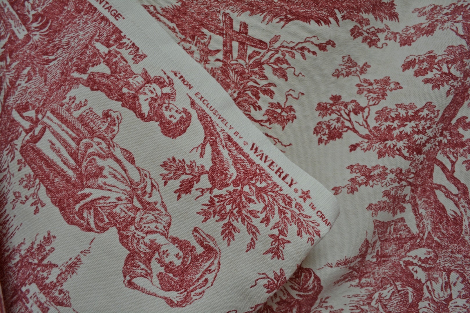2.5 yards French toile fabric Red toile Waverly fabric Country life as is