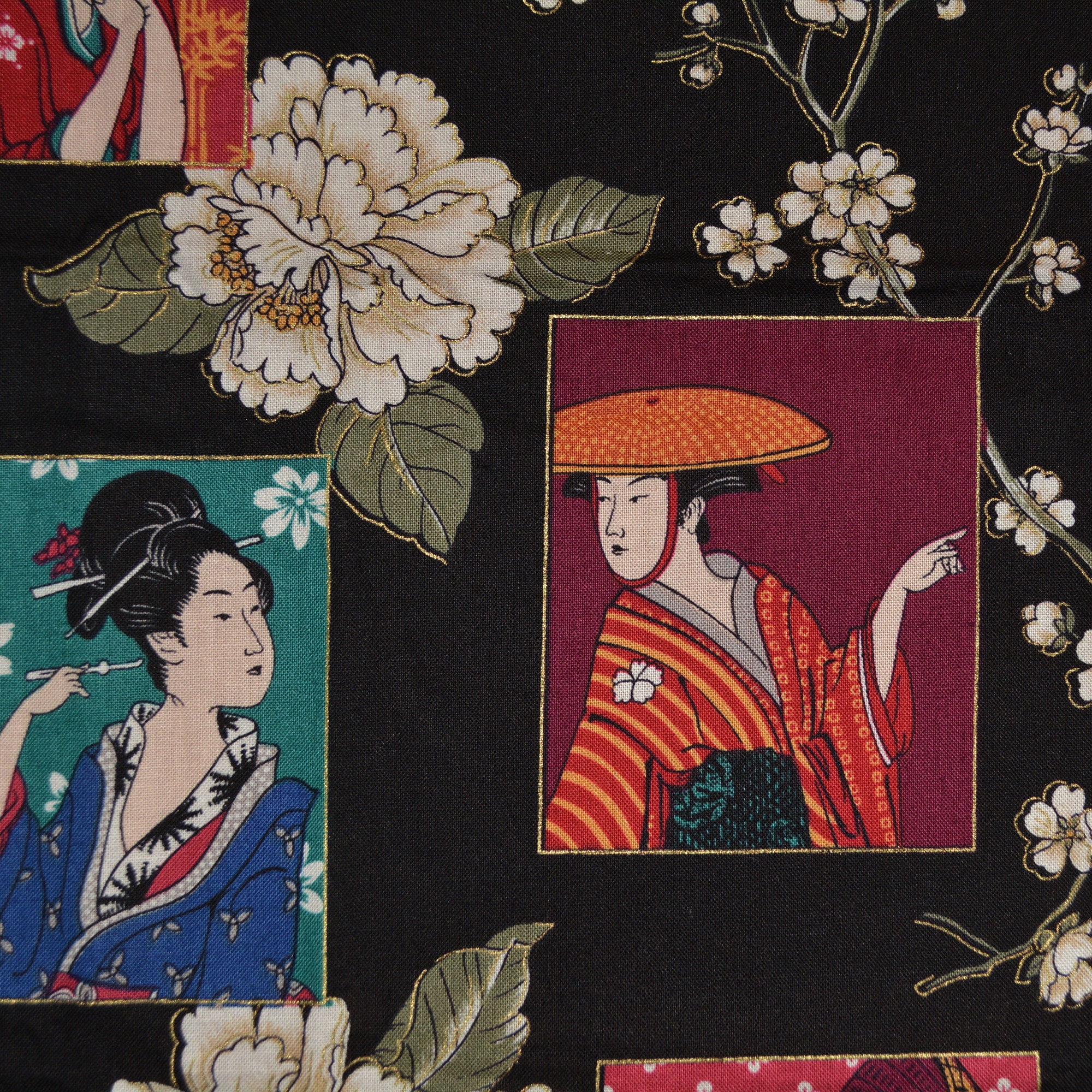 Japanese print fabric, geisha fabric with samurai, Andover fabric