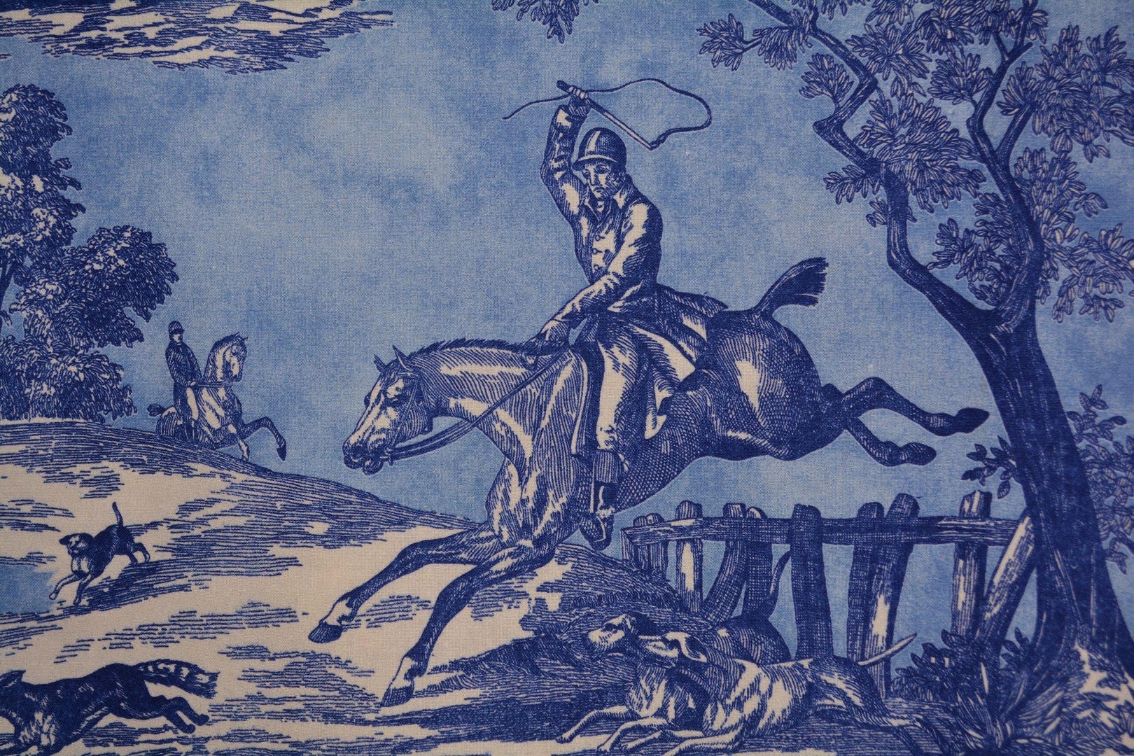 Vintage Laura Ashley Decor Shabby Chic Decor Fox Hunt Equestrian English Fox Hunting Fabric Blue Toile Upholstery Fabric English Horses Flaw