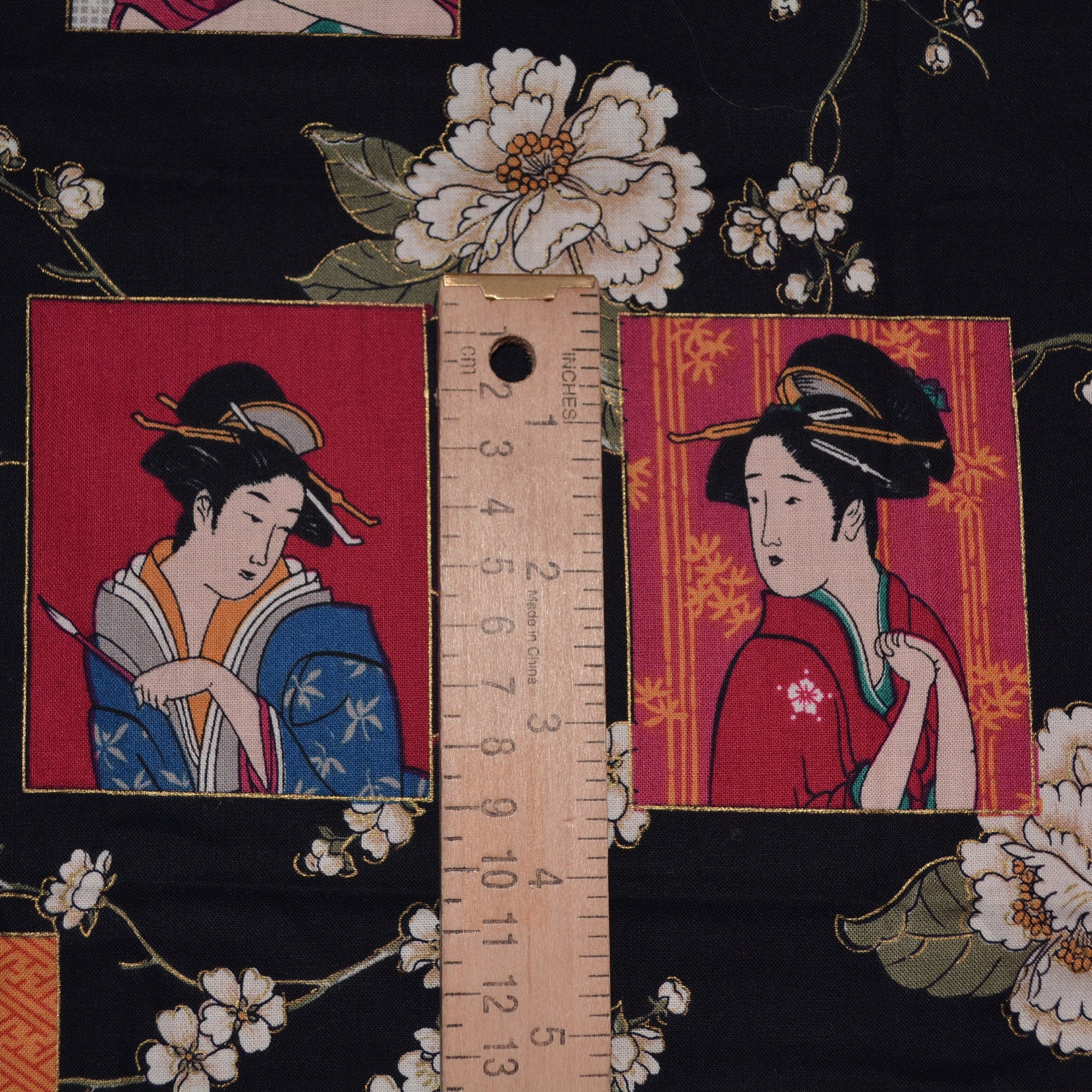Japanese print fabric, geisha fabric with samurai, Andover fabric
