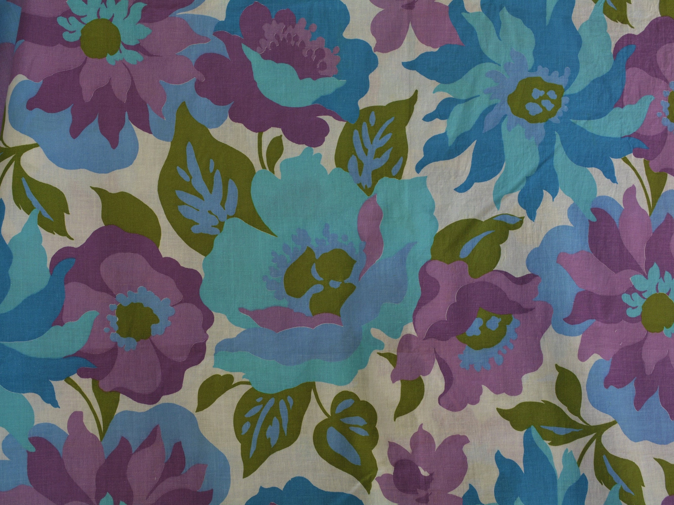 Vintage mod Spring floral fabric, printed linen, Aqua and lavender