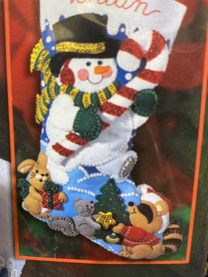 Finished Bucilla Felt Christmas Stocking Snowman Skating 