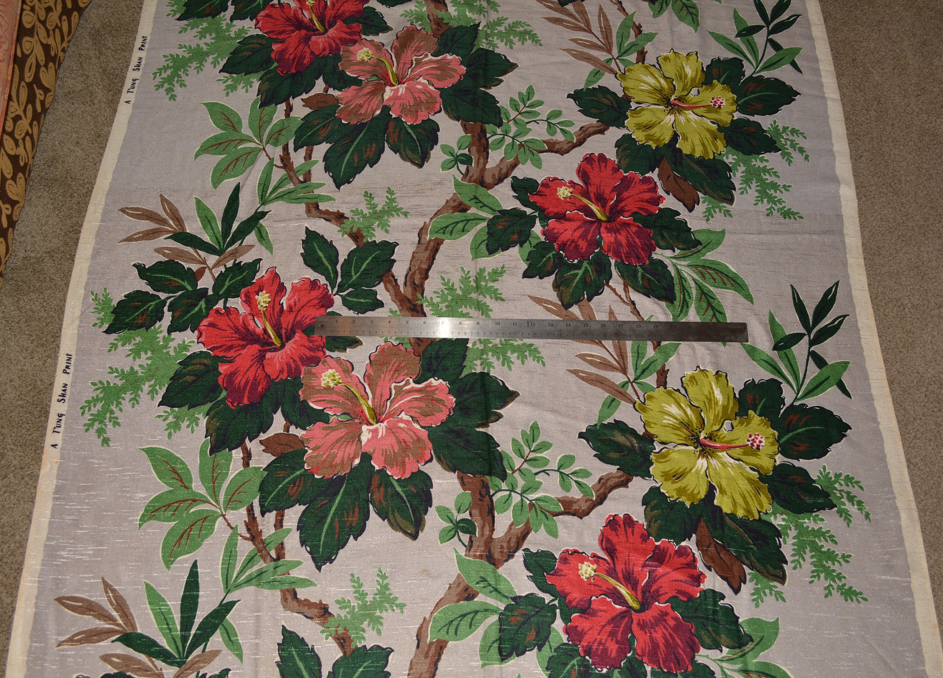1940s Drapery Fabric Remnants Tung Shan Hawaiian Decor Floral