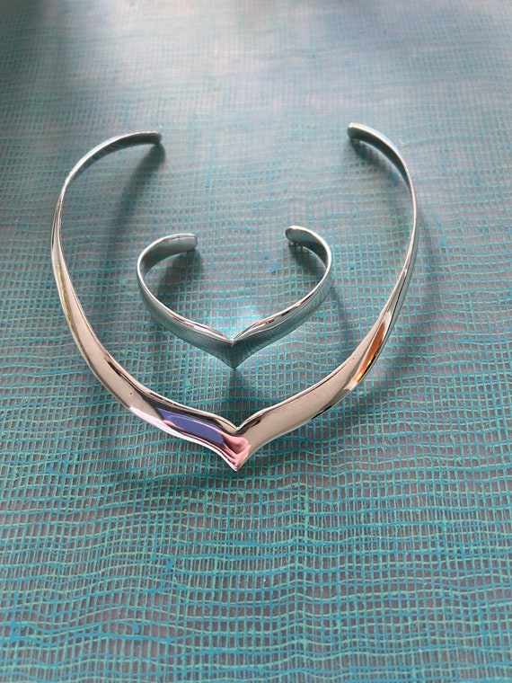 Signed Sterling Silver Collar Choker Necklace and… - image 2