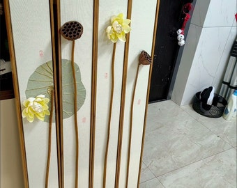 Artisanal Lotus and Pod Decorative Screen - Room Divider Bamboo Room Screen with Floral Accents Nature Themed Folding Screen