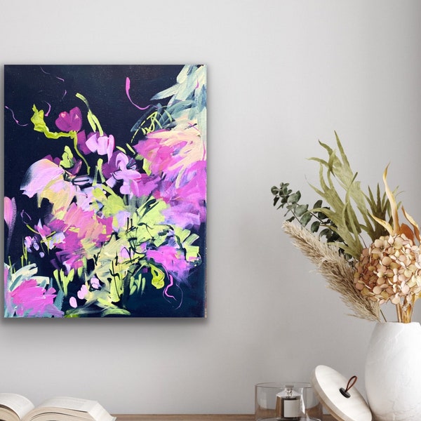 Dramatic Floral Abstract Painting - Giclee Canvas Print - Colorful Flowers - Small /Medium Wall Art - Botanical Paintings - Dark background