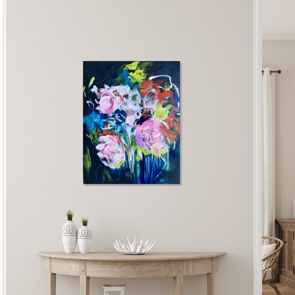 Floral Moody Abstract Painting - Giclee Canvas Print - Colorful Flowers - Small /Medium Wall Art - Botanical Paintings - Dark background