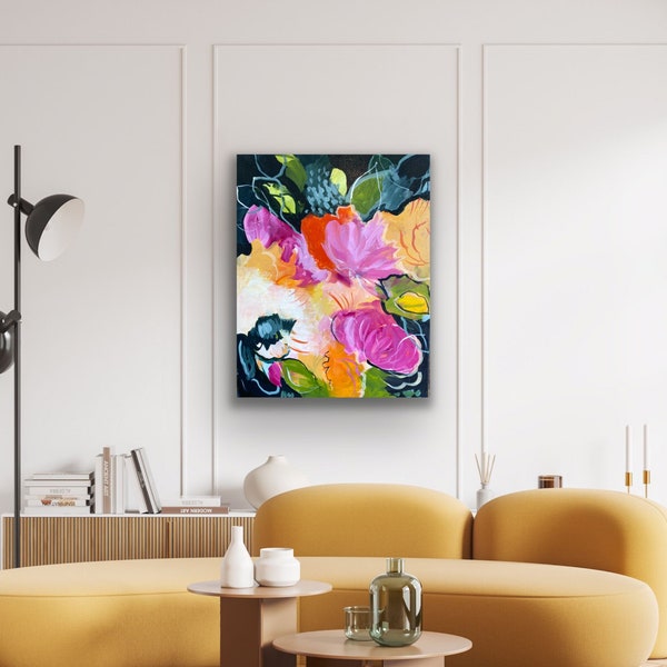 Vivid Floral Abstract Painting - Dark background - Giclee Canvas Print - Colorful Flowers - Small /Medium Wall Art - Botanical Paintings