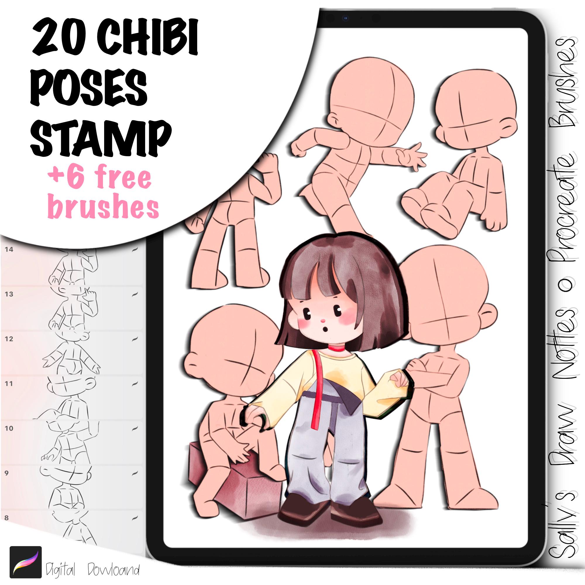 20 Chibi Body Poses Procreate Stamps for Illustrators – Anime Chibi Brush Set