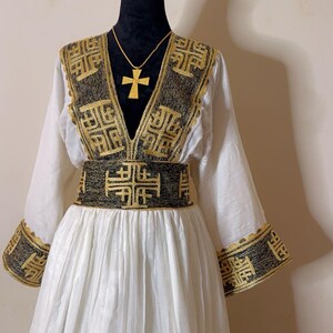Elegant White & Black Gold Beautiful Habesha Kemis with V-Neck main image 1