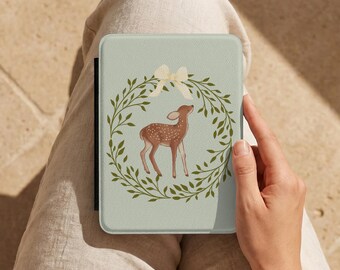 Woodland Fawn Wreath Kindle Case | Deer Illustration, Botanical Cover | Bookish Gift