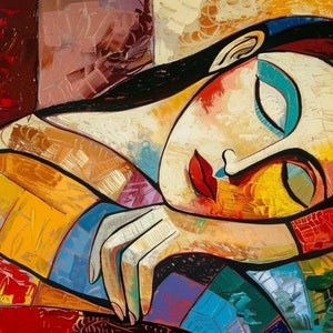 Può includere: Dipinto astratto di una donna con gli occhi chiusi, dipinto in stile cubista con colori vivaci e forme geometriche. Il viso della donna è dipinto in tonalità di bianco, giallo e rosso, con ombretto blu. I suoi capelli sono neri e il suo corpo è parzialmente oscurato dallo sfondo.