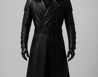 Handmade Black Cowhide Leather Hooded Trench Coat | Gothic Cyberpunk Cosplay Jacket