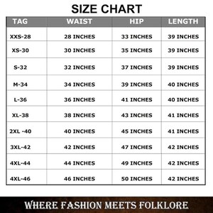 May include: A size chart for clothing, with measurements in inches. The chart includes waist, hip, and length measurements for sizes XXS-28 to 4XL-46. The text "WHERE FASHION MEETS FOLKLORE" is at the bottom.