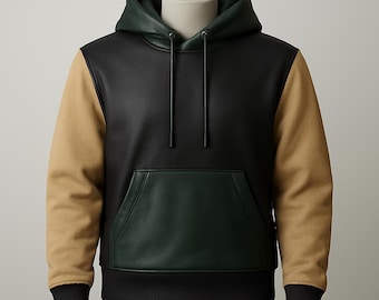 Felpa con cappuccio da uomo in vera pelle fatta a mano con blocchi di colore – Nero, verde foresta e marrone chiaro, pullover streetwear