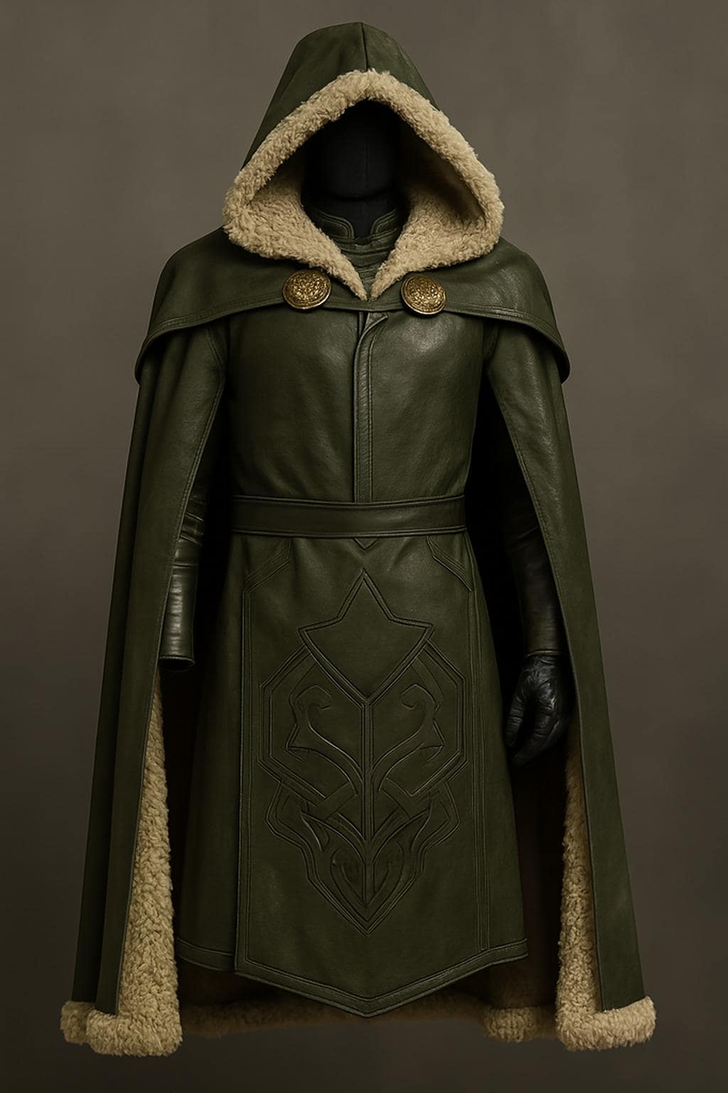 Dr. Doom Cosplay: Green Leather Hooded Cloak with Faux Shearling