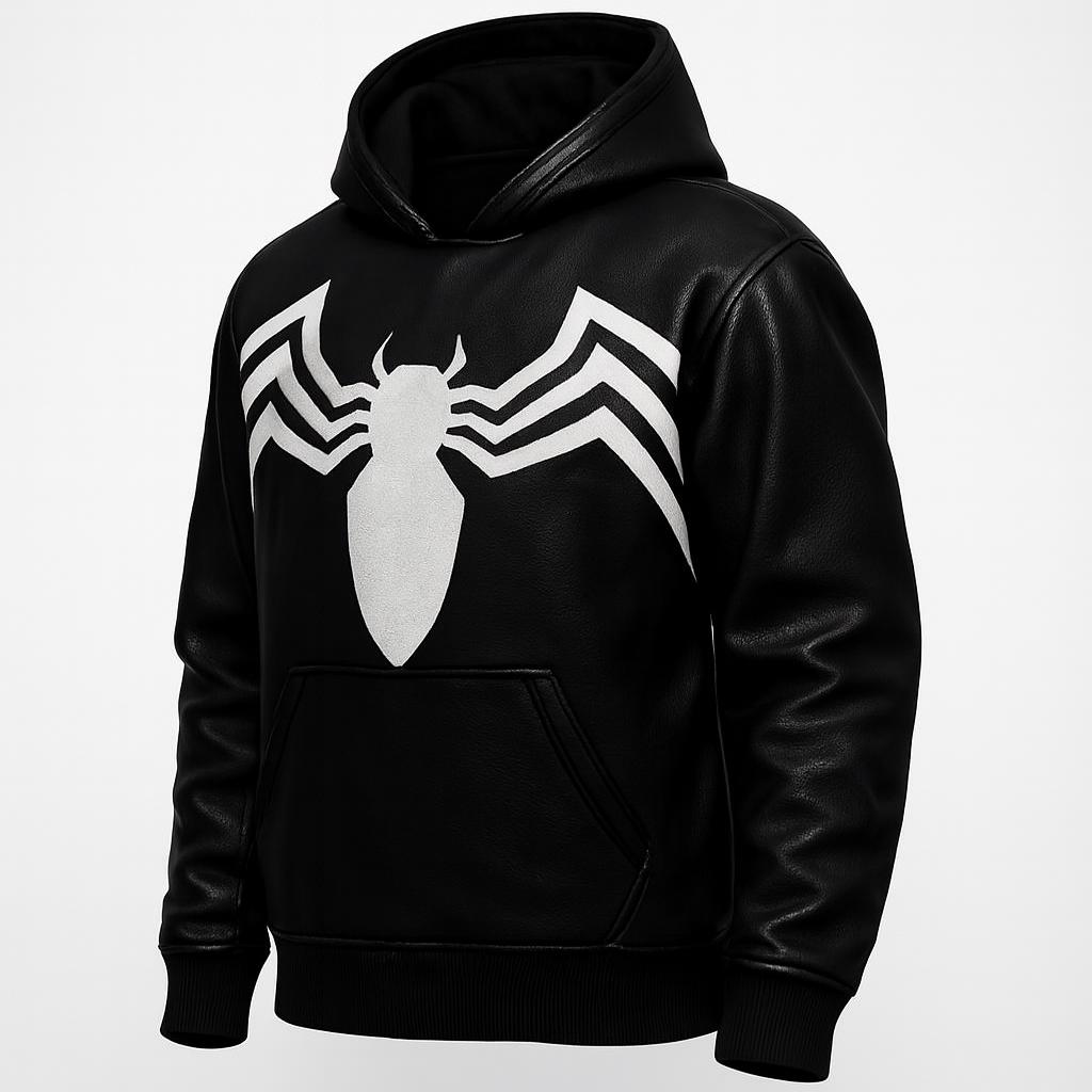 Handmade Men's Black Leather Venom Inspired Hoodie – Pullover