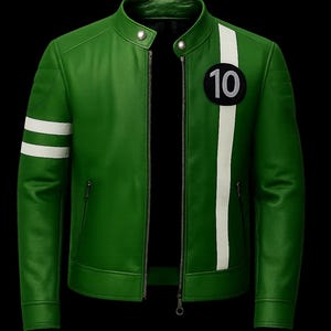 May include: Green leather jacket with a white stripe down the right side and a white stripe on the left sleeve. A black patch with the number 10 is on the right chest. The jacket has a zipper closure and a stand-up collar.