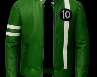 Handgemaakte Ben 10 groene leren jas | Halloween-outfit in Tennyson Biker-stijl in Halloween-stijl