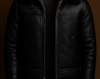 Herren B3 Schaffell Aviator Bomberjacke | Schwarzer Leder-Lammfell-Mantel