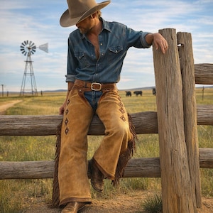 May include: A person wearing a denim shirt, cowboy hat, and brown leather chaps with fringe and diamond-shaped accents, leaning on a wooden fence. A windmill and cattle are visible in the background, set against a blue sky.