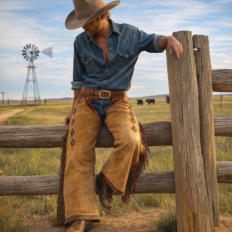 May include: A person wearing a denim shirt, cowboy hat, and brown leather chaps with fringe and diamond-shaped accents, leaning on a wooden fence. A windmill and cattle are visible in the background, set against a blue sky.