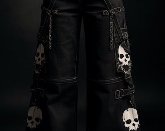 Calça cargo larga com estampa de caveira gótica Y2K | Calça folgada | Calça streetwear rave | Bolso com corrente