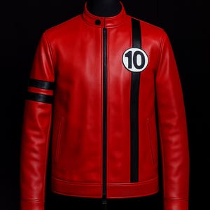Op Ben 10 geïnspireerd rood leren cosplayjack – Albedo Biker| Handgemaakt superheld Halloween-kostuum afbeelding 3
