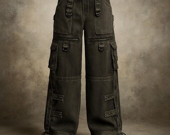 Calças cargo largas cinza para homem – Calças streetwear de perna larga com vários bolsos – Calças táticas vintage