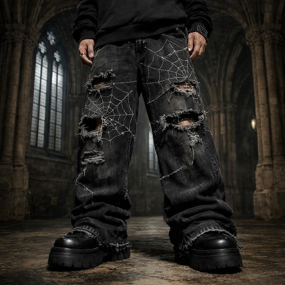 パンツ NJ'Black Coated Denim Y2K 00s Opium Swag Men's Y2K Gothic Spider Web Baggy Jeans | Wide Distressed Black