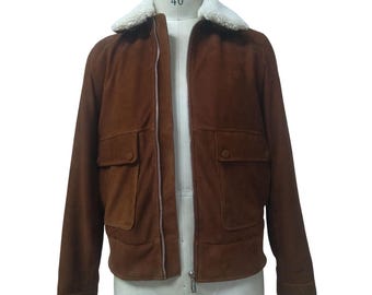 Men's Lambskin Leather Aviator Jacket: Vintage Brown Fur Collar