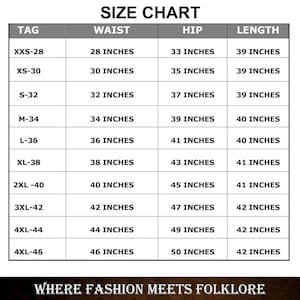 Pode incluir: Uma tabela de tamanhos de roupas com medidas em polegadas. A tabela inclui medidas de cintura, quadril e comprimento para os tamanhos XXS-28 a 4XL-46. O texto "WHERE FASHION MEETS FOLKLORE" est&aacute; na parte inferior.