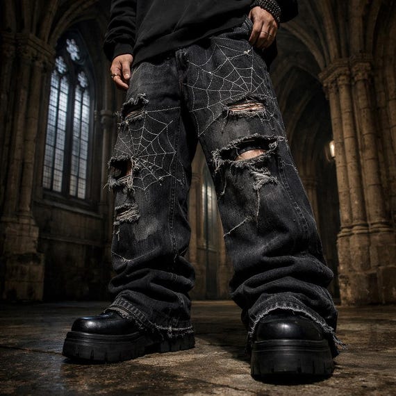 Men's Y2K Gothic Spider Web Baggy Jeans | Wide Distressed Black