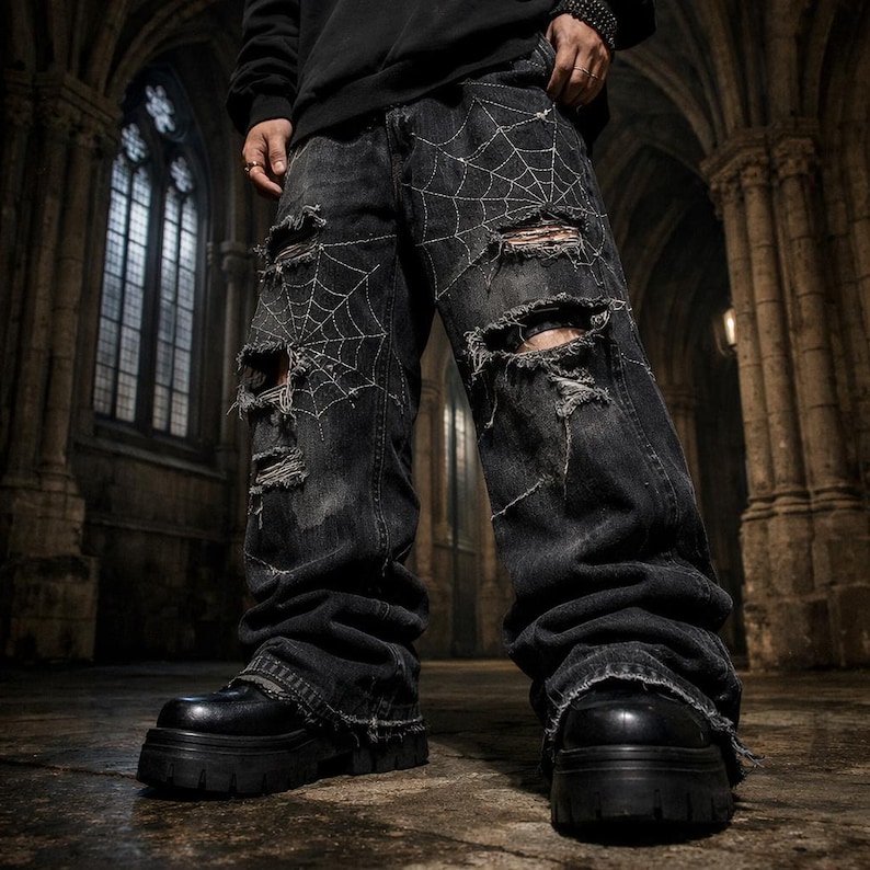 Pode incluir: Jeans pretos com detalhes desgastados e bordado de teia de aranha branca. Os jeans t&ecirc;m um corte de perna larga e s&atilde;o combinados com botas de plataforma pretas. O estilo &eacute; ousado e g&oacute;tico.