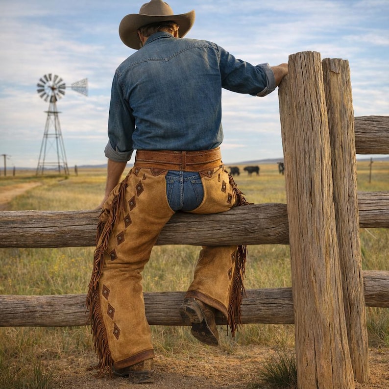 May include: A person wearing a denim shirt, cowboy hat, and fringed leather chaps, sitting on a wooden fence. A windmill and cattle are visible in the background, set against a blue sky.