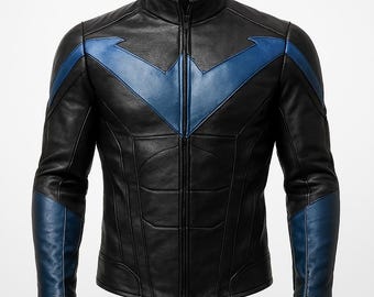 Black & Blue Night Wing-geïnspireerde leren herenjas – Superheldencosplay-motorjas Streetwear