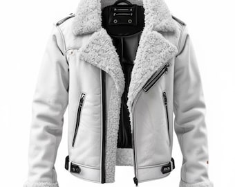 Bikerjack heren witte schapenvacht B3 Aviator-stijl winterjas Distressed