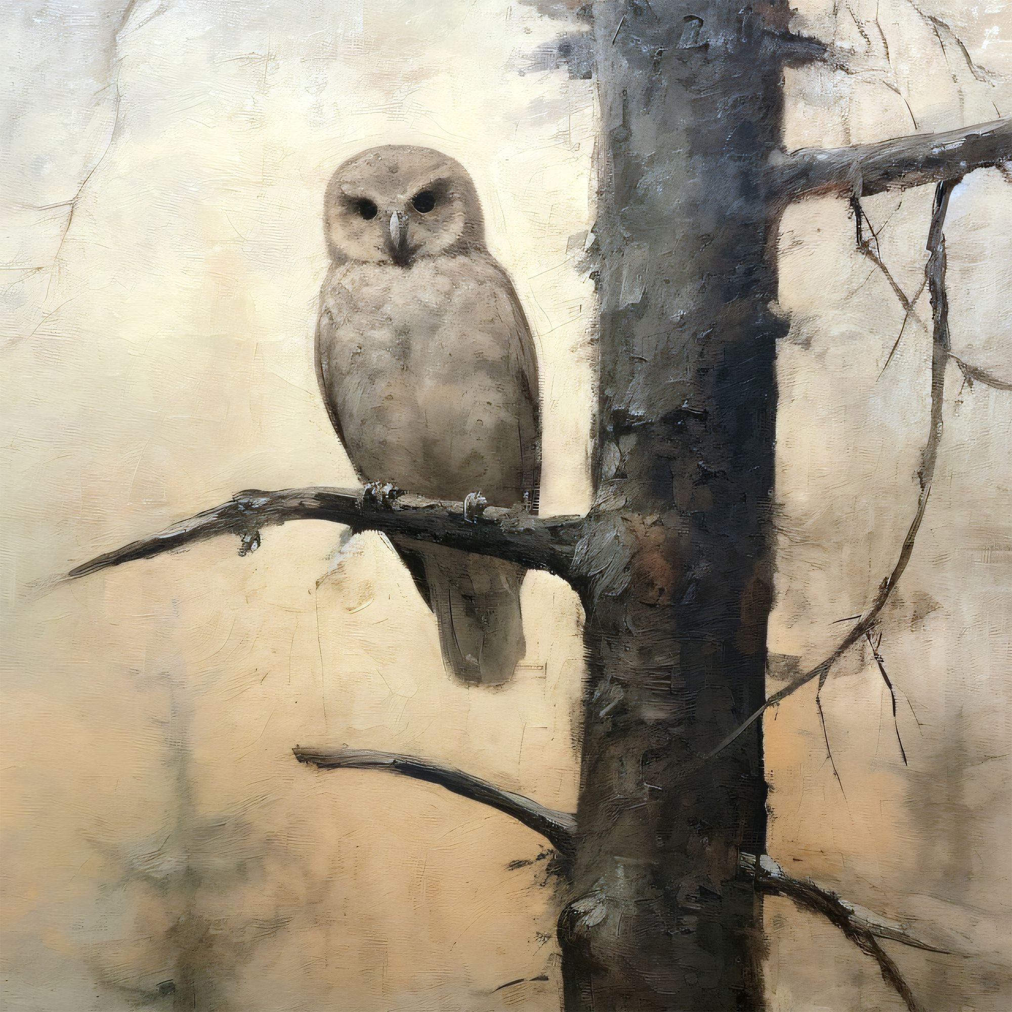 Owl on a Tree Branch Printable Wall Art Moody Owl Painting, Warm Muted ...