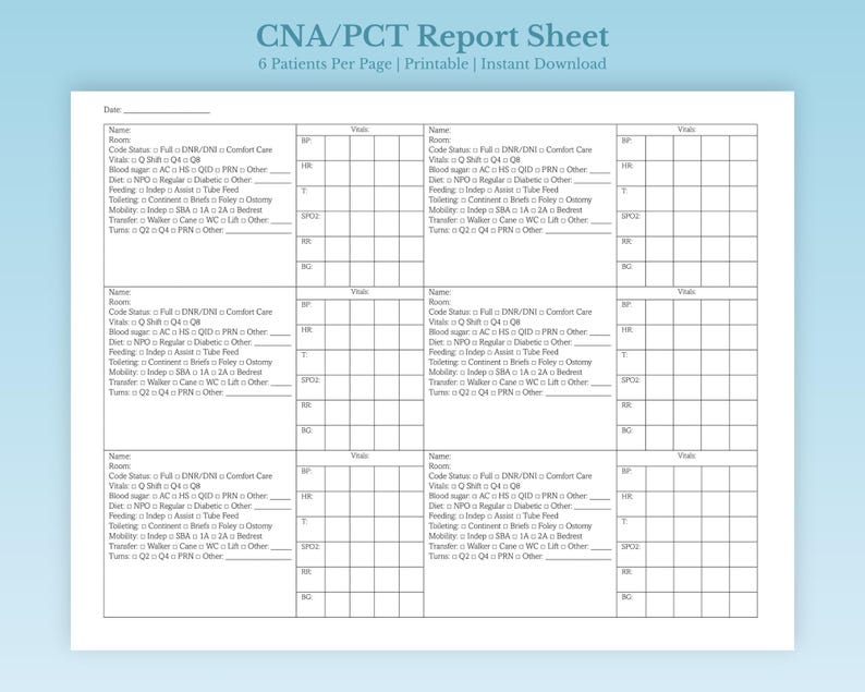 CNA PCT Report Sheet Bundle: Patient Care Checklist (printable PDF) - Etsy