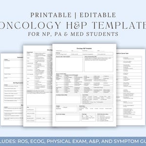 May include: Printable and editable oncology H&P template for NP, PA & Med students. The template includes sections for ROS, ECOG, physical exam, A&P, and symptom guide. The text is in black on a white background.